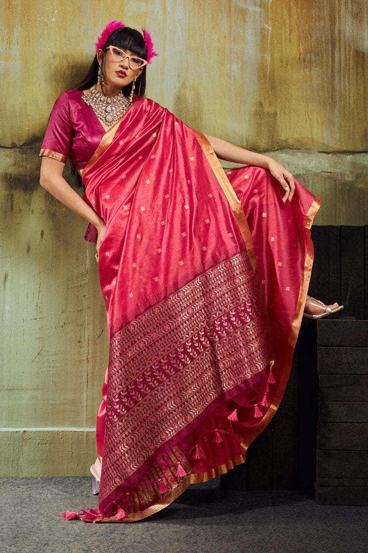 Pink Handloom Weaving Tussar Silk Saree