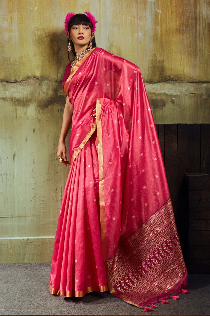Pink Handloom Weaving Tussar Silk Saree