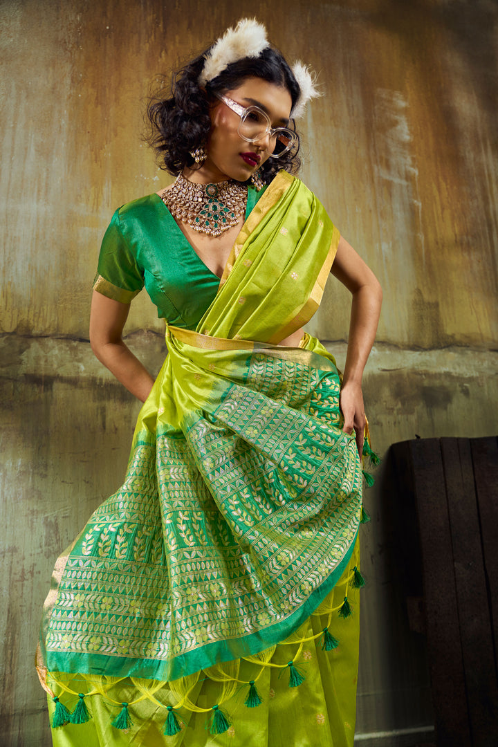 Green Handloom Weaving Tussar Silk Saree