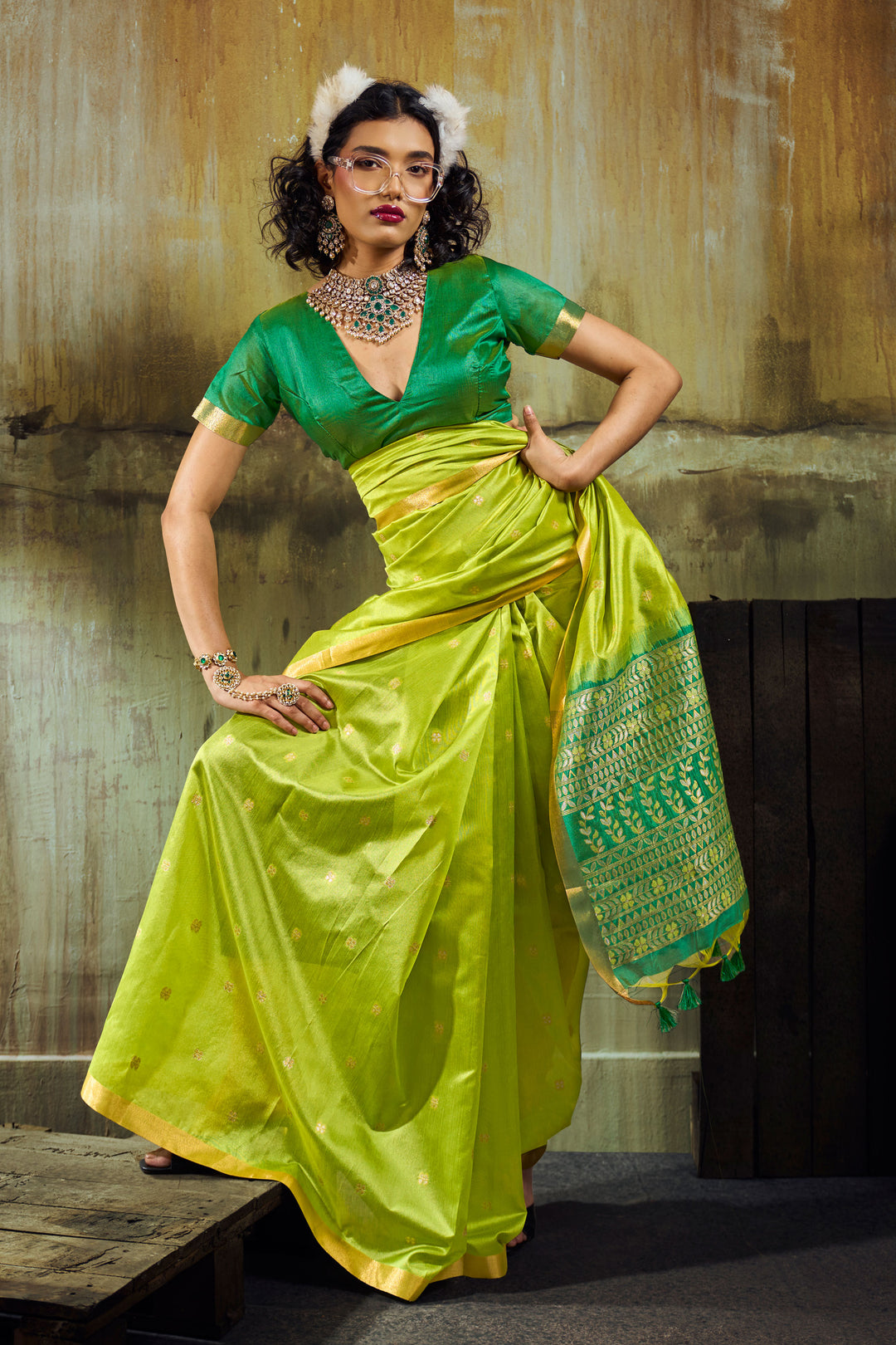 Green Handloom Weaving Tussar Silk Saree