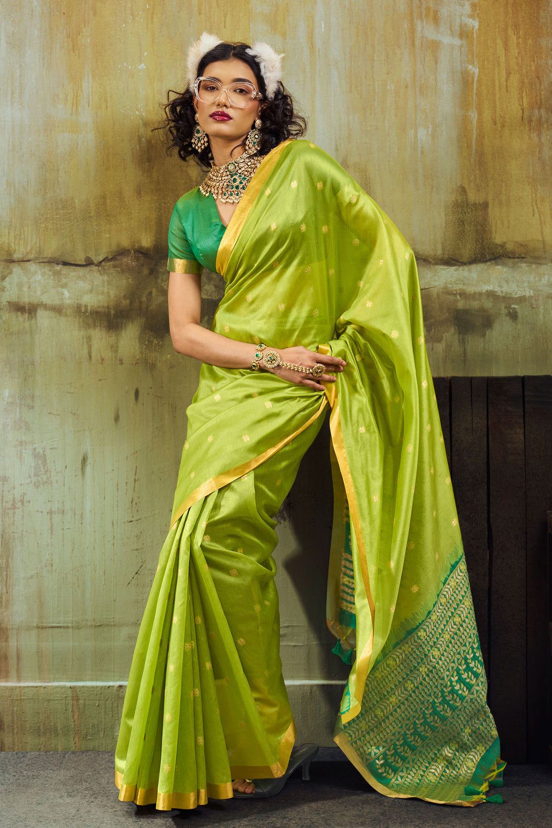 Green Handloom Weaving Tussar Silk Saree