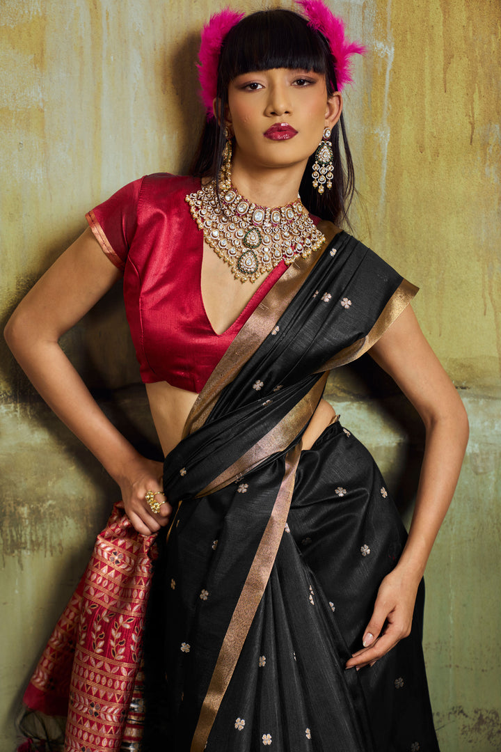 Black Handloom Weaving Tussar Silk Saree
