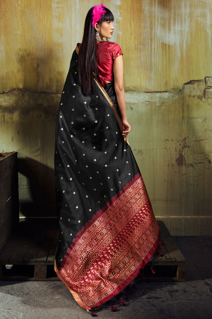 Black Handloom Weaving Tussar Silk Saree