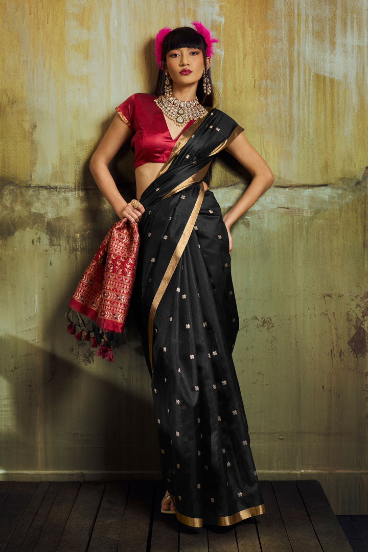 Black Handloom Weaving Tussar Silk Saree