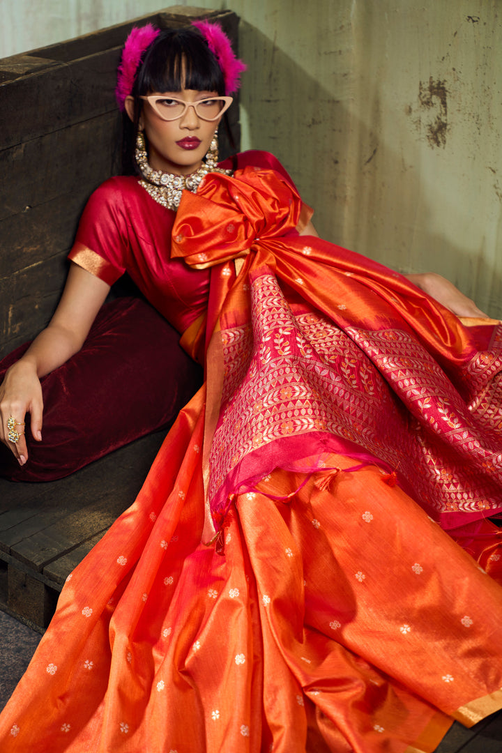Orange Handloom Weaving Tussar Silk Saree