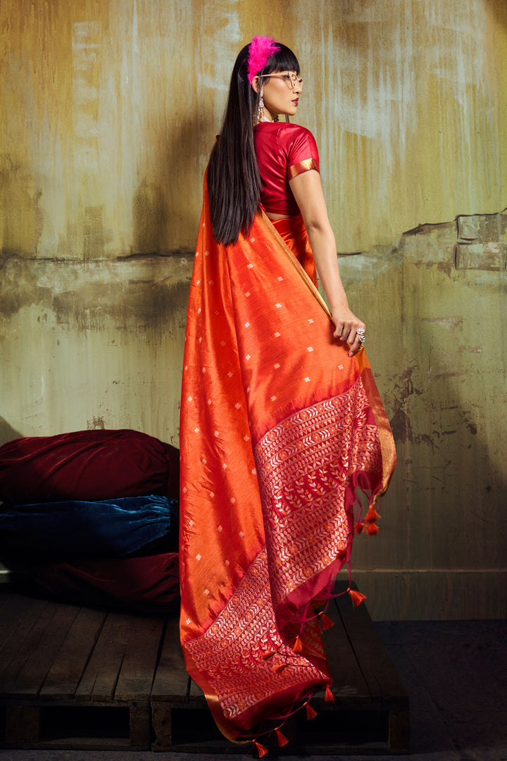 Orange Handloom Weaving Tussar Silk Saree