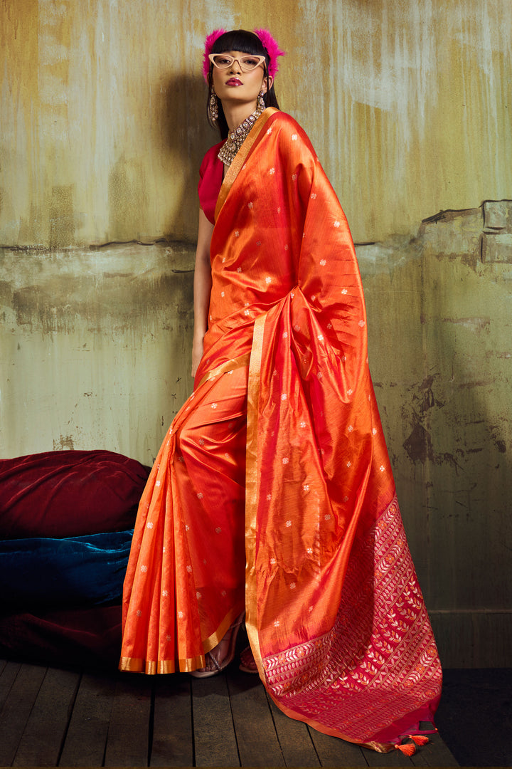 Orange Handloom Weaving Tussar Silk Saree
