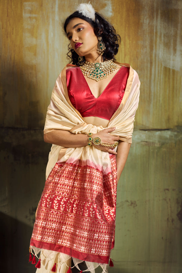 Beige Color Handloom Weaving Tussar Silk Saree