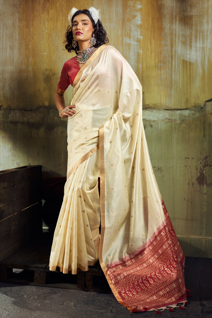 Beige Color Handloom Weaving Tussar Silk Saree