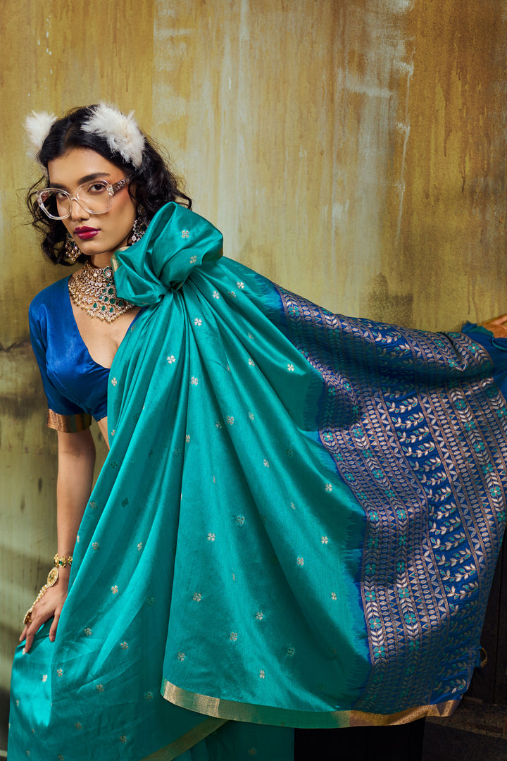 Handloom Weaving Tussar Silk Saree In Cyan Color