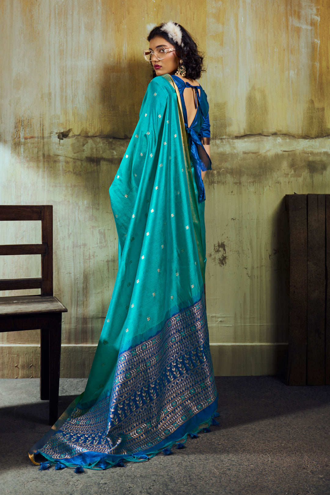 Handloom Weaving Tussar Silk Saree In Cyan Color