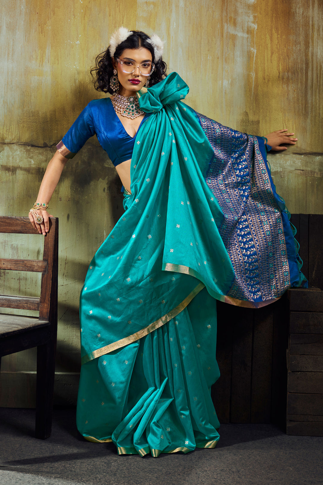 Handloom Weaving Tussar Silk Saree In Cyan Color