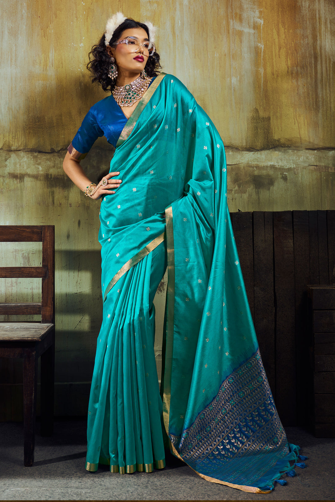 Handloom Weaving Tussar Silk Saree In Cyan Color