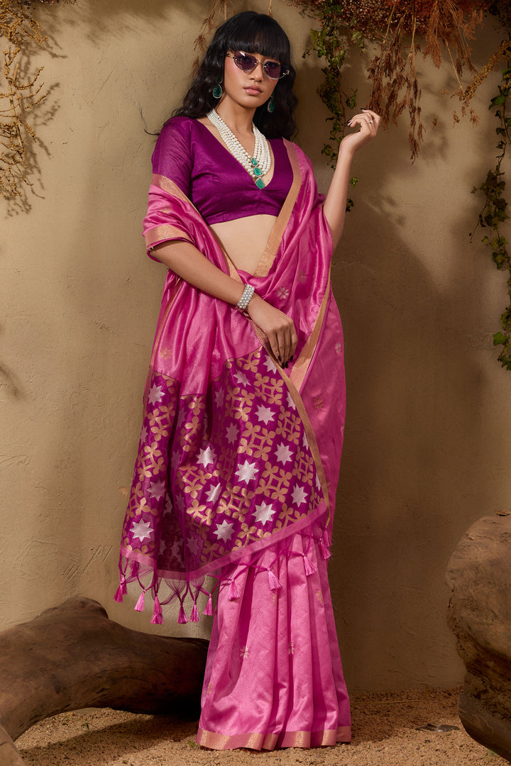 Engaging Pink Tussar Silk Handloom Weaving Saree