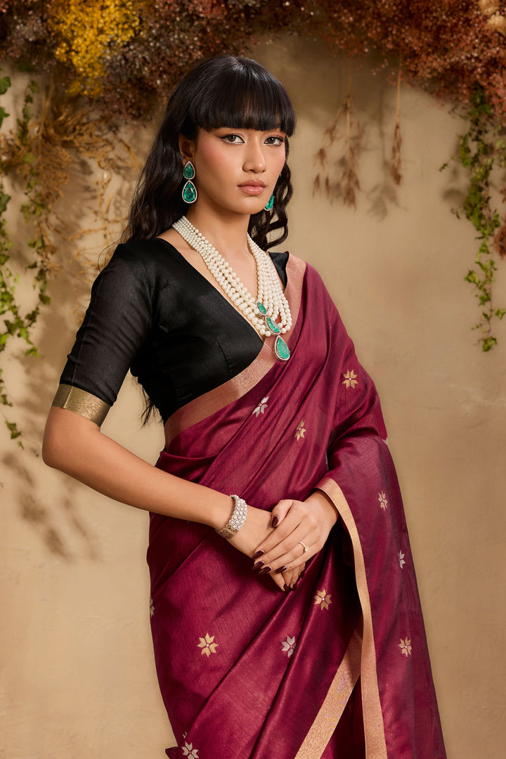 Amazing Maroon Tussar Silk Handloom Weaving Saree
