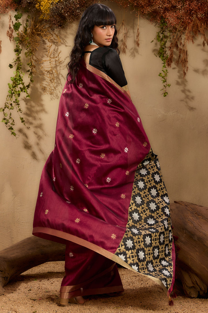 Amazing Maroon Tussar Silk Handloom Weaving Saree
