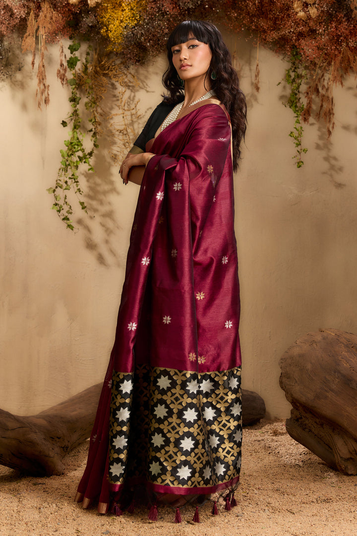 Amazing Maroon Tussar Silk Handloom Weaving Saree