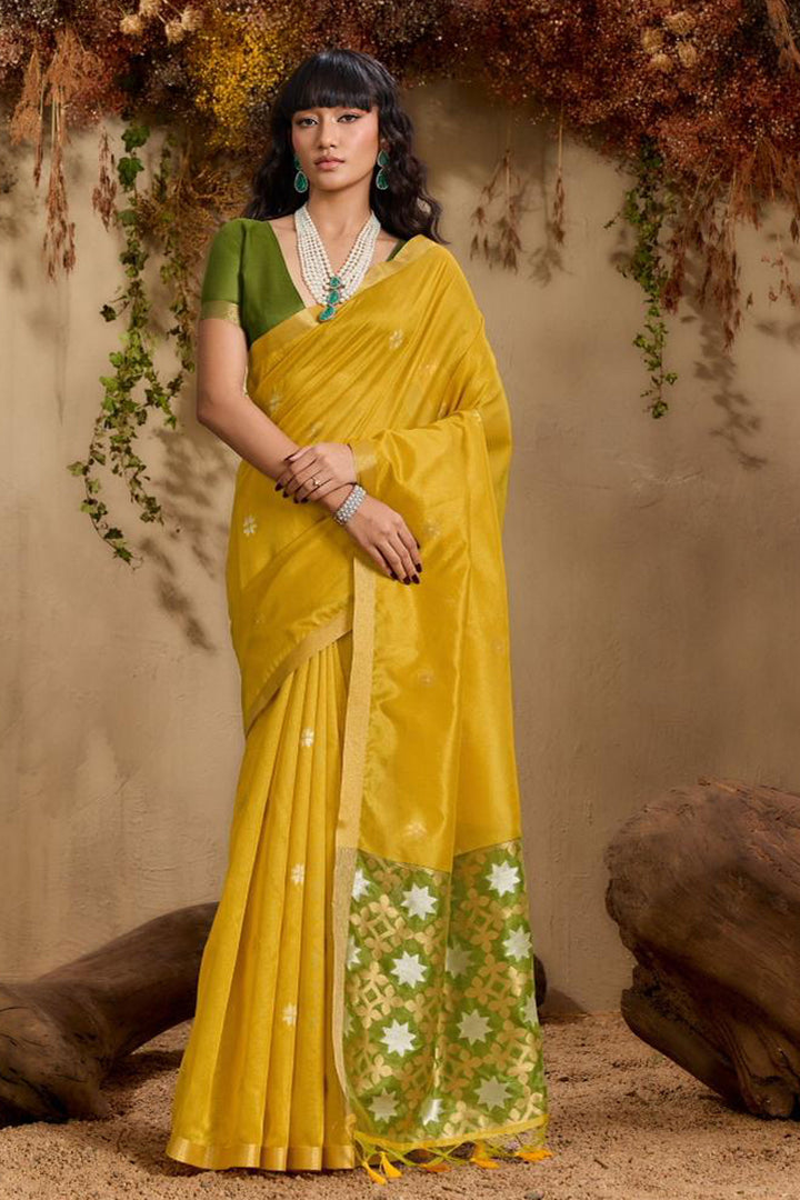 Trendy Yellow Tussar Silk Handloom Weaving Saree