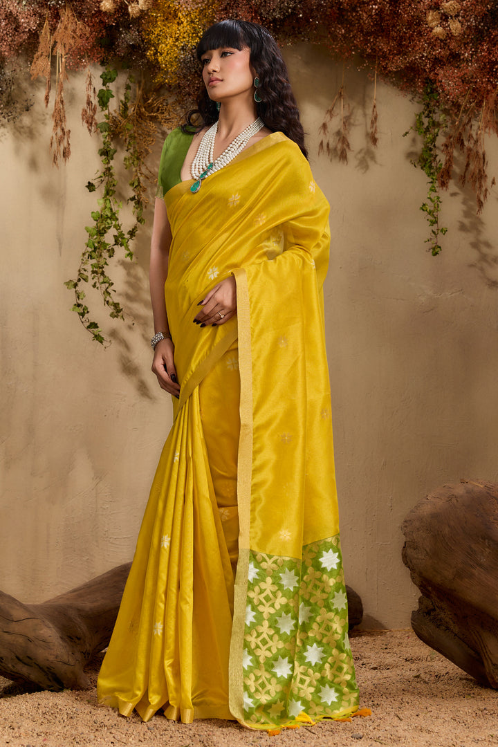 Trendy Yellow Tussar Silk Handloom Weaving Saree