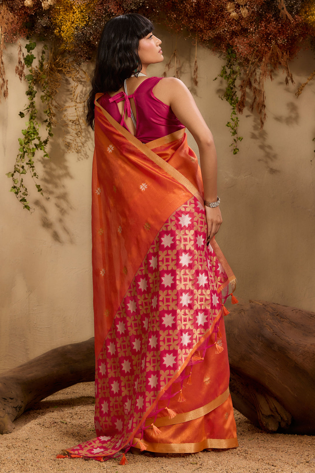 Orange Color Gorgeous Tussar Silk Handloom Weaving Saree