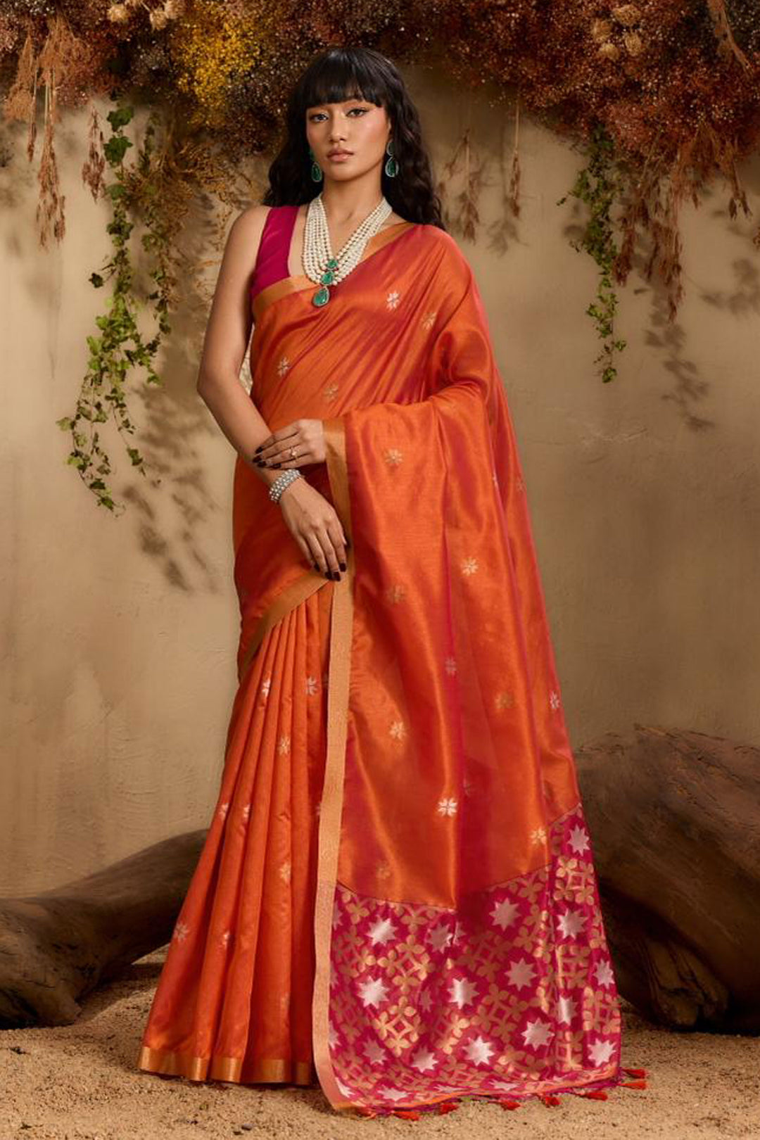 Orange Color Gorgeous Tussar Silk Handloom Weaving Saree
