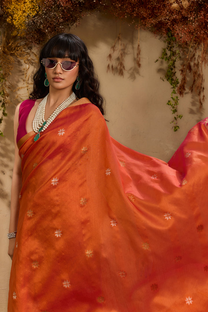 Orange Color Gorgeous Tussar Silk Handloom Weaving Saree