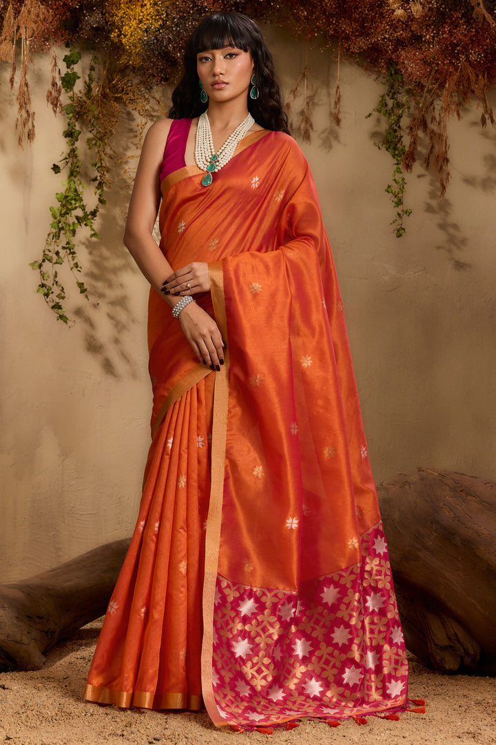 Orange Color Gorgeous Tussar Silk Handloom Weaving Saree