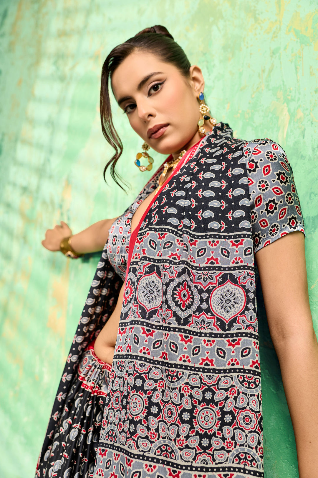 Engaging Black Color Satin Ajrakh Printed Saree | Buy Online India