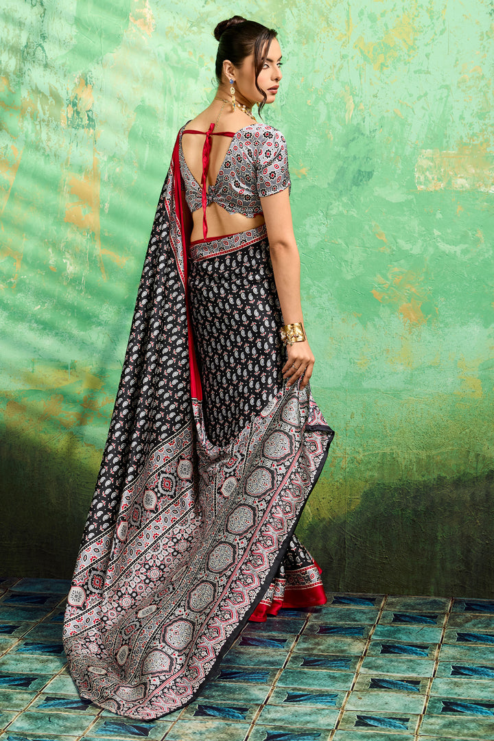Engaging Black Color Satin Ajrakh Printed Saree | Buy Online India