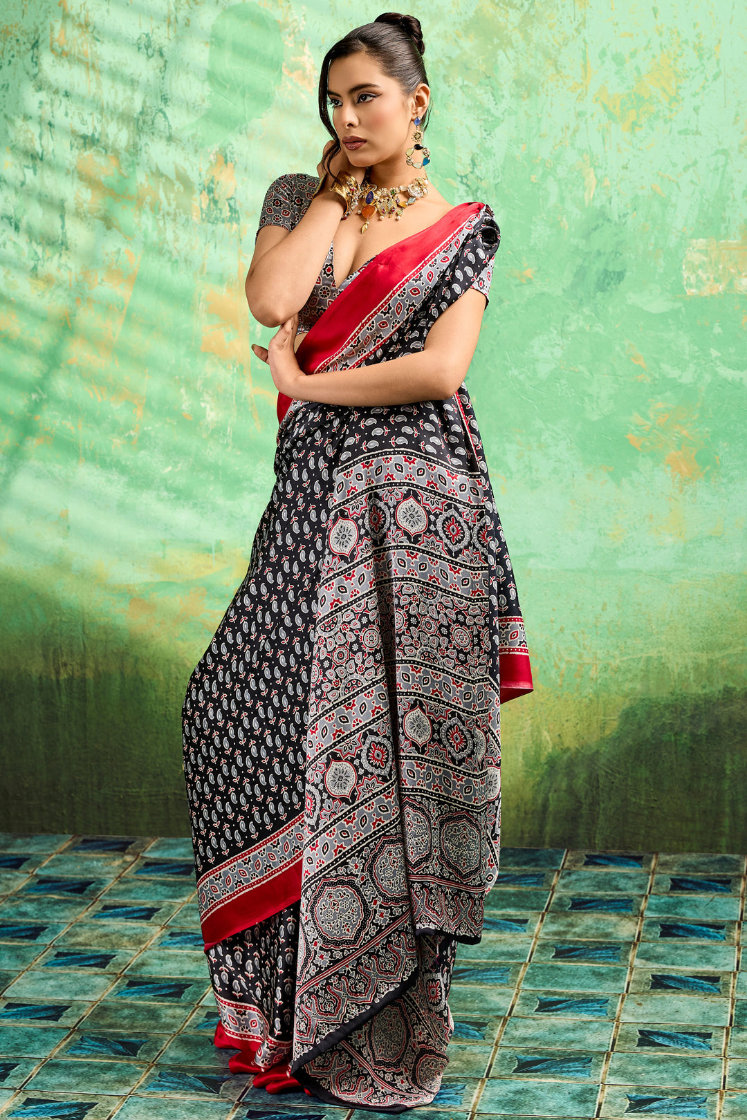 Engaging Black Color Satin Ajrakh Printed Saree | Buy Online India