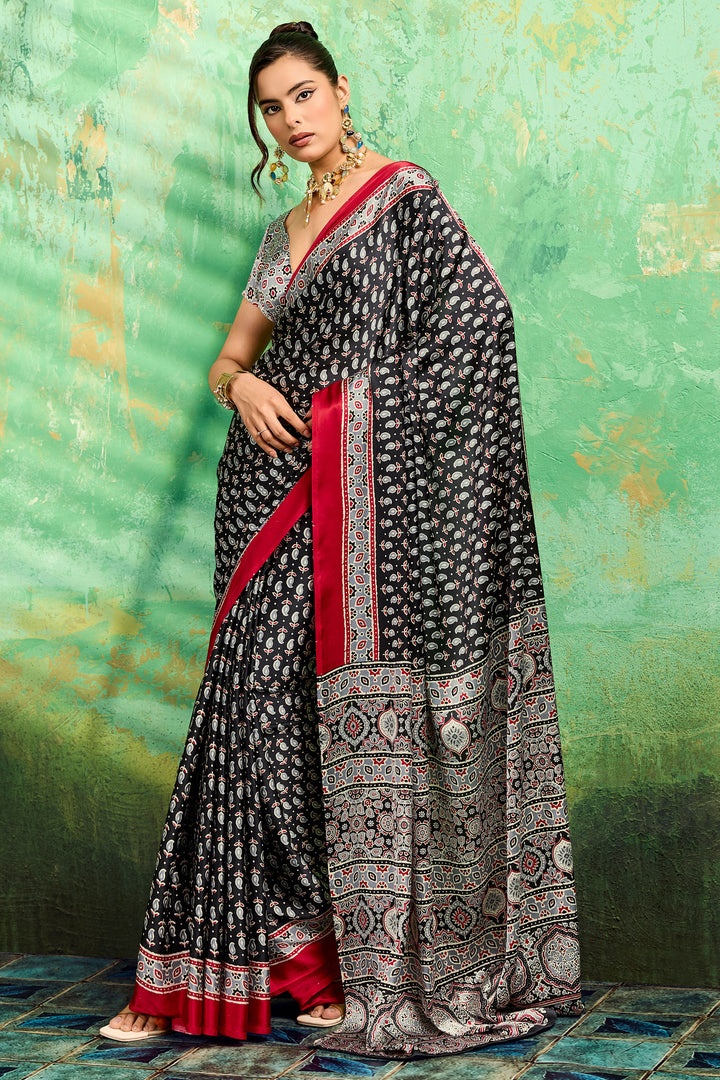 Engaging Black Color Satin Ajrakh Printed Saree | Buy Online India