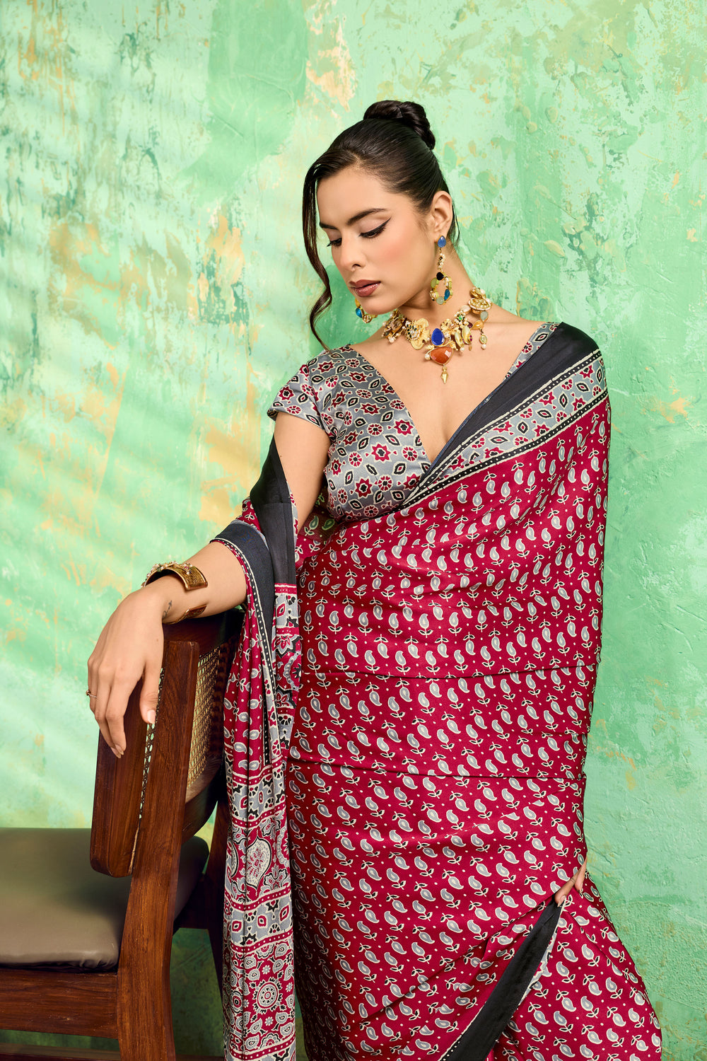 Amazing Maroon Color Satin Ajrakh Printed Saree | Buy Online India