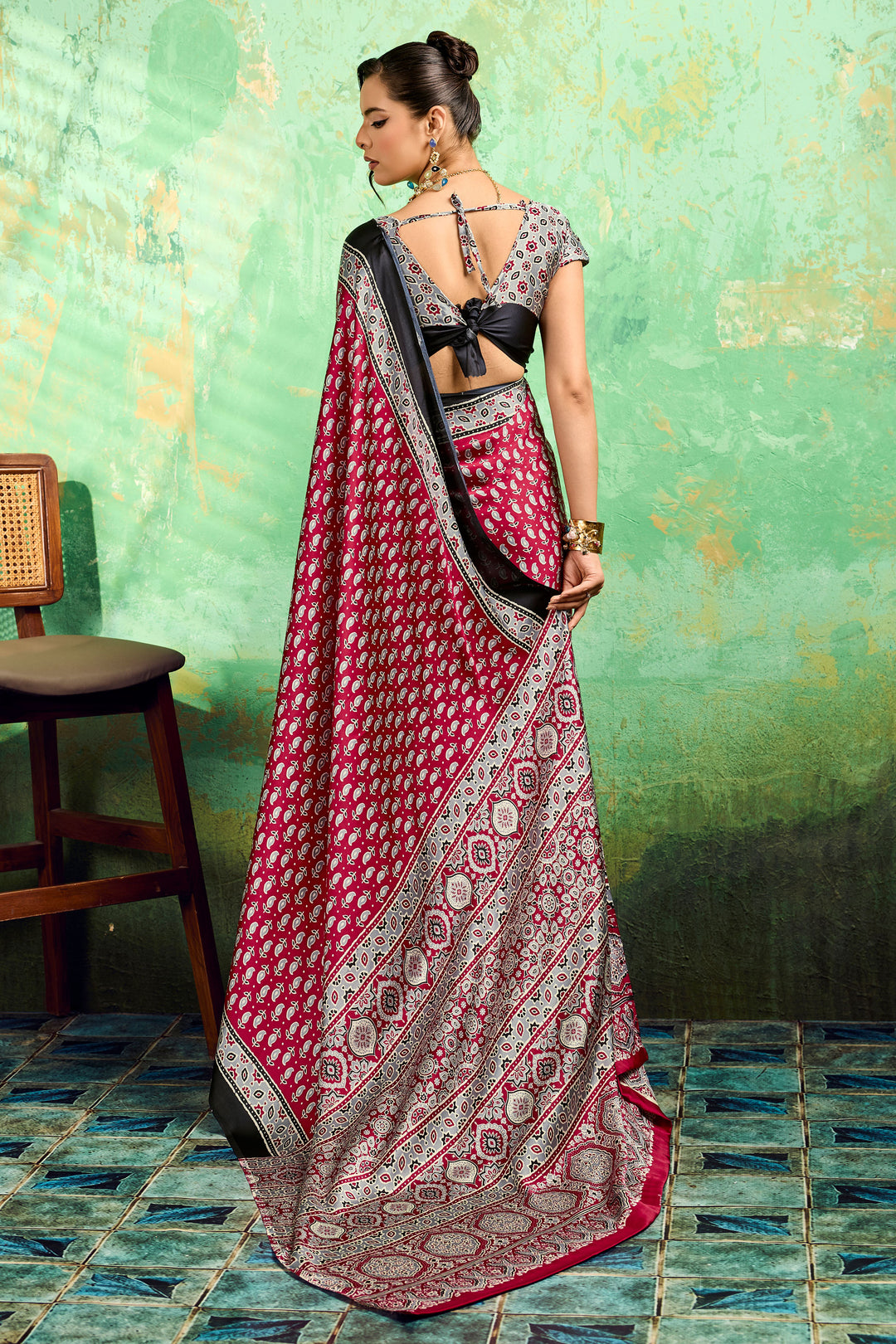 Amazing Maroon Color Satin Ajrakh Printed Saree | Buy Online India