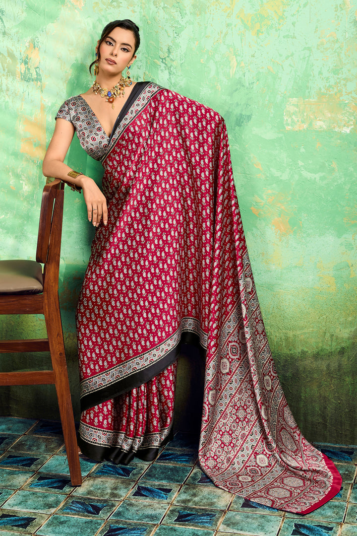 Amazing Maroon Color Satin Ajrakh Printed Saree | Buy Online India