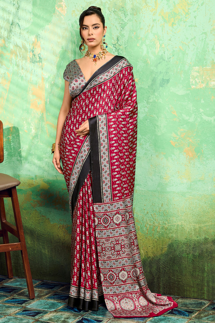 Amazing Maroon Color Satin Ajrakh Printed Saree | Buy Online India