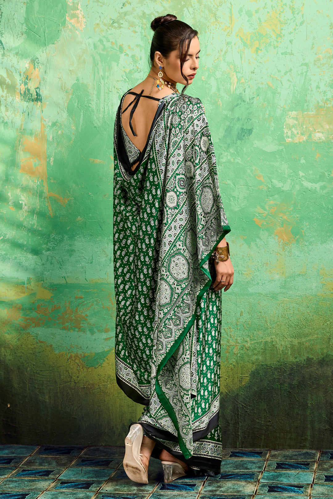 Trendy Green Color Satin Ajrakh Printed Saree | Buy Online India