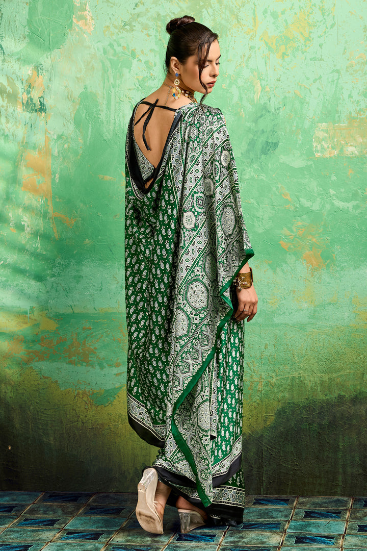 Trendy Green Color Satin Ajrakh Printed Saree | Buy Online India