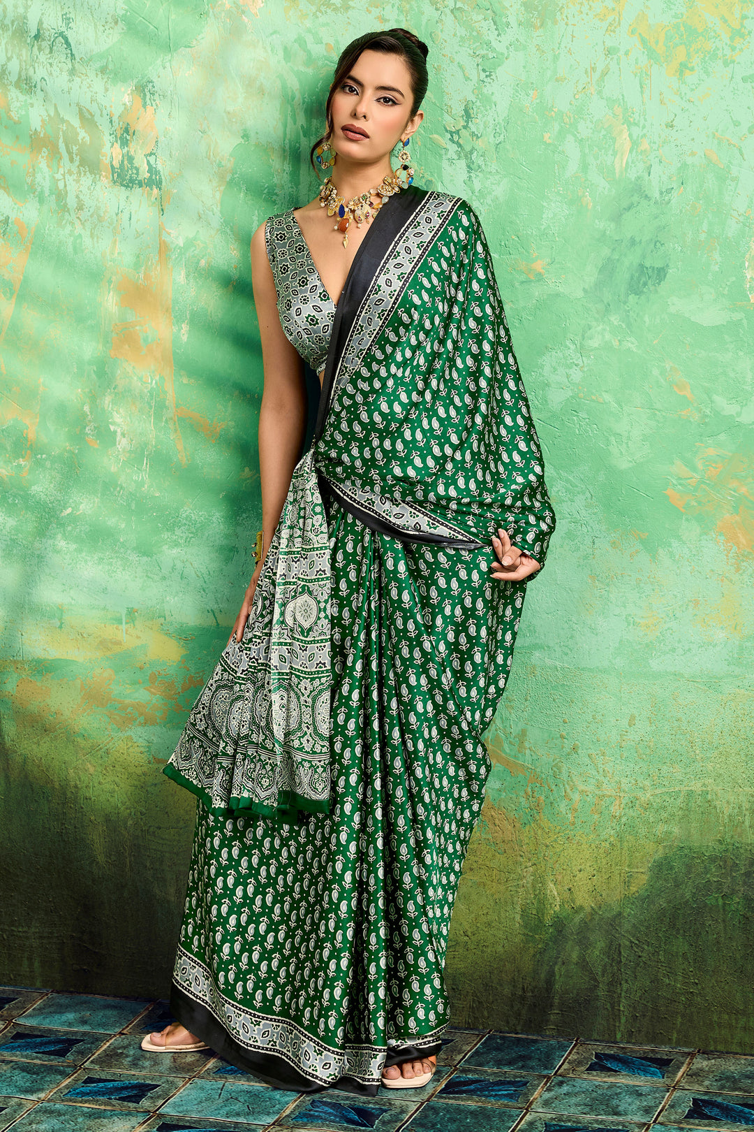 Trendy Green Color Satin Ajrakh Printed Saree | Buy Online India