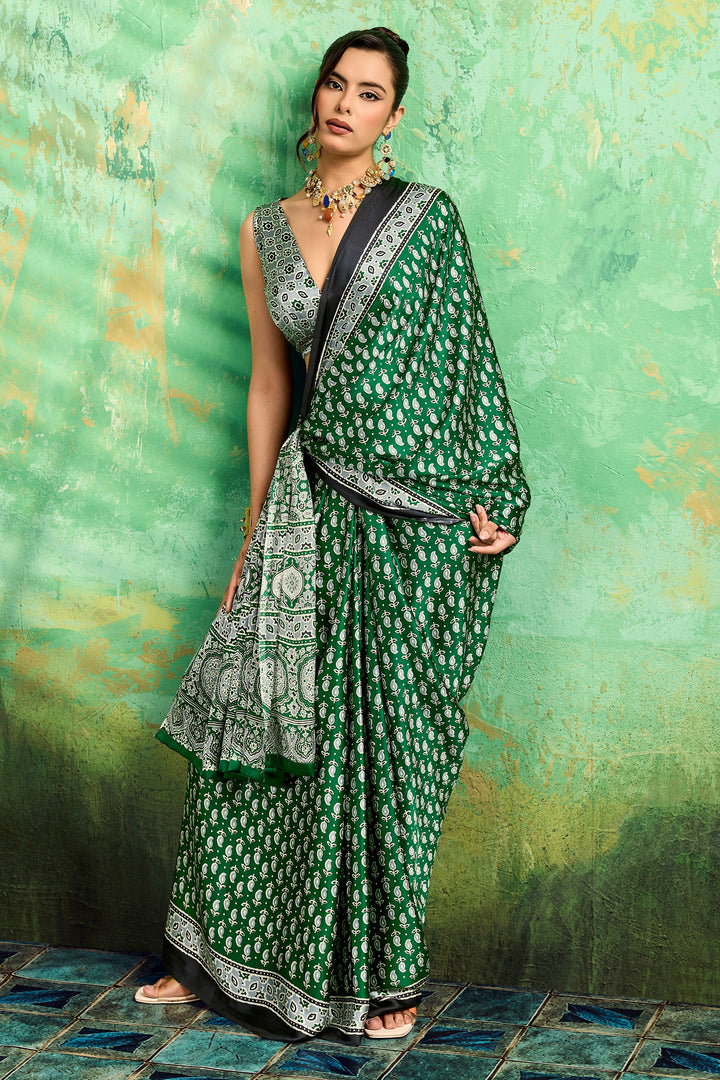 Trendy Green Color Satin Ajrakh Printed Saree | Buy Online India