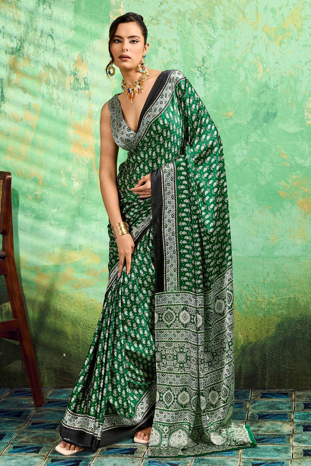 Trendy Green Color Satin Ajrakh Printed Saree | Buy Online India