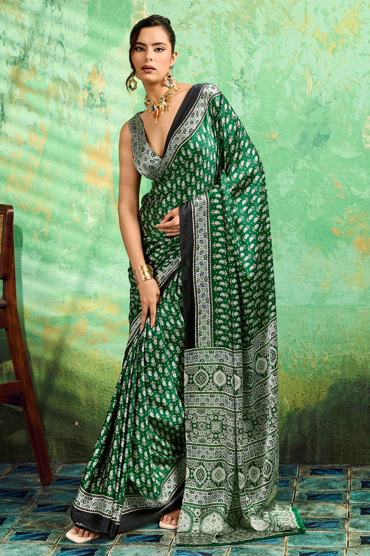 Trendy Green Color Satin Ajrakh Printed Saree | Buy Online India