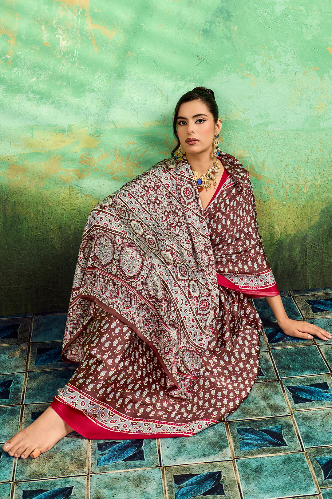 Soothing Brown Color Satin Ajrakh Printed Saree | Buy Online India