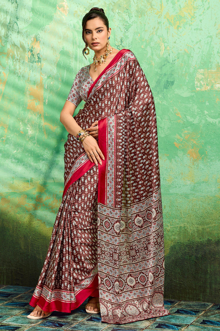 Soothing Brown Color Satin Ajrakh Printed Saree | Buy Online India
