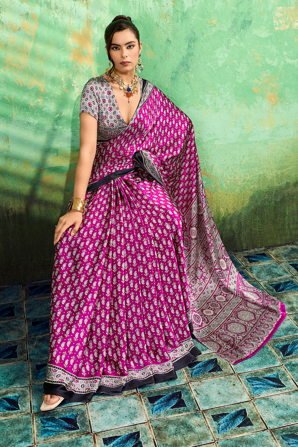 Magenta Color Gorgeous Satin Ajrakh Printed Saree | Buy Online India