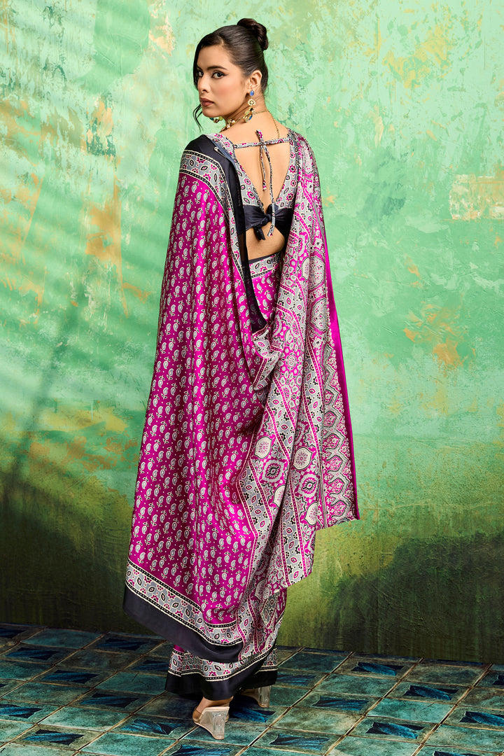 Magenta Color Gorgeous Satin Ajrakh Printed Saree | Buy Online India