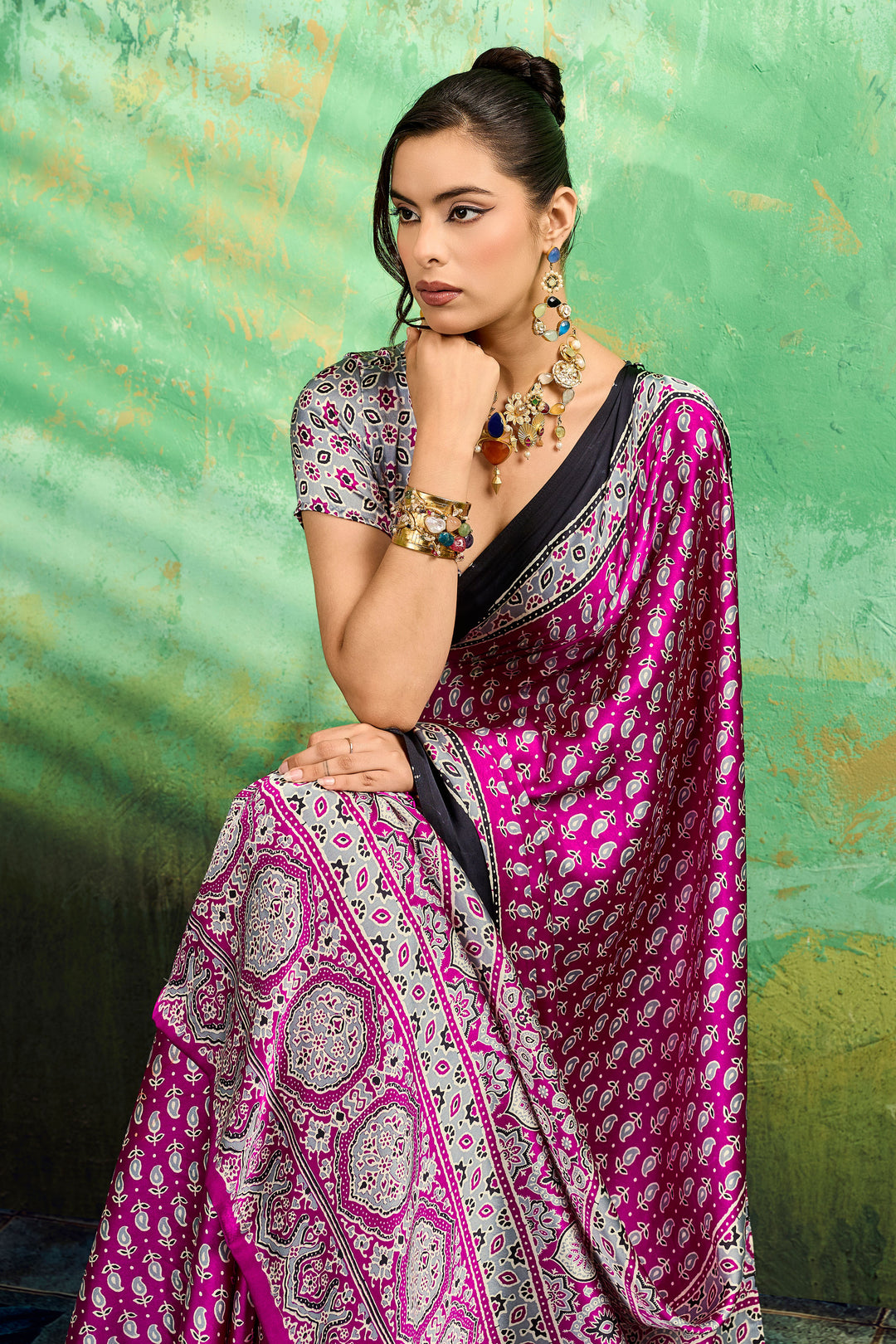 Magenta Color Gorgeous Satin Ajrakh Printed Saree | Buy Online India
