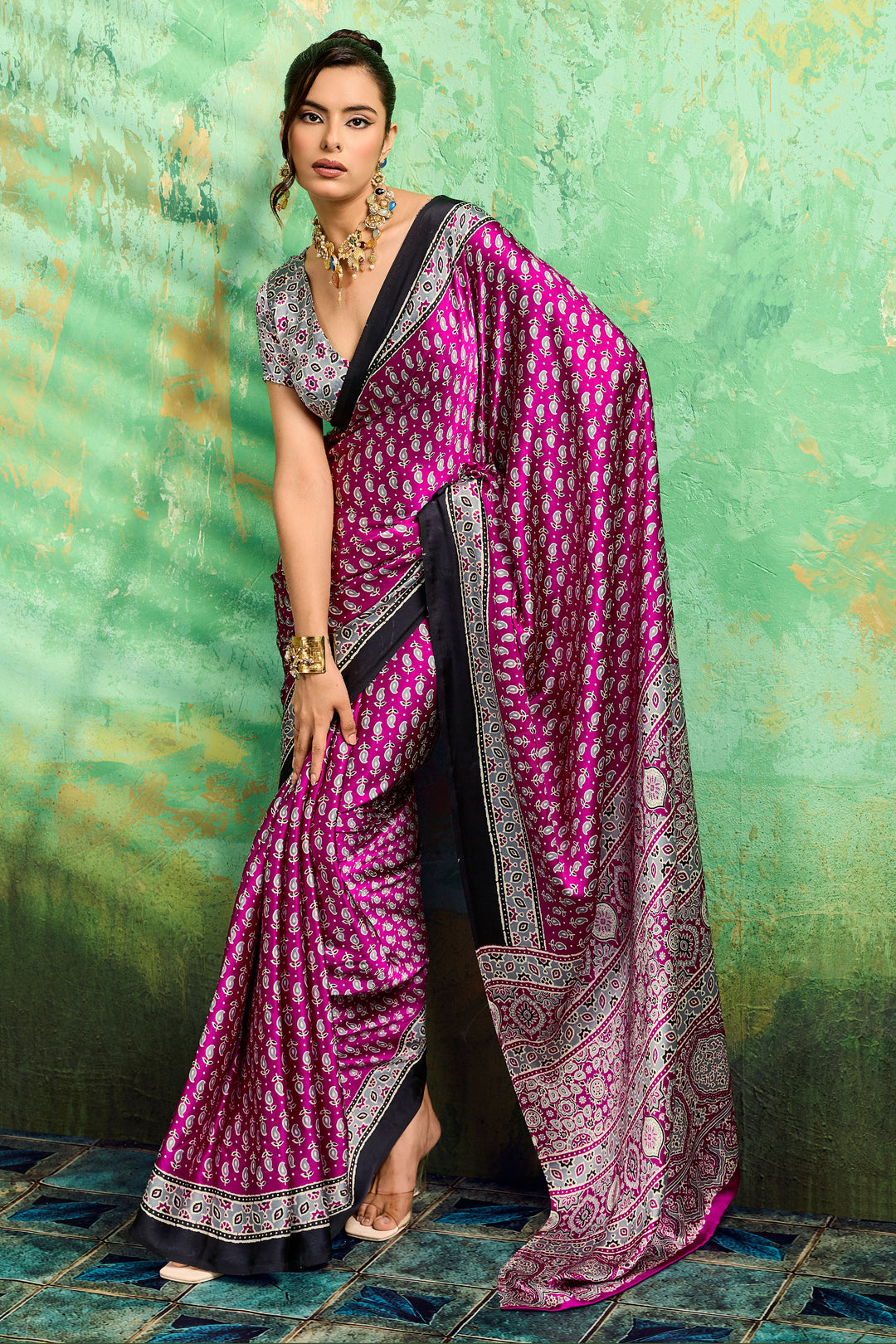 Magenta Color Gorgeous Satin Ajrakh Printed Saree | Buy Online India