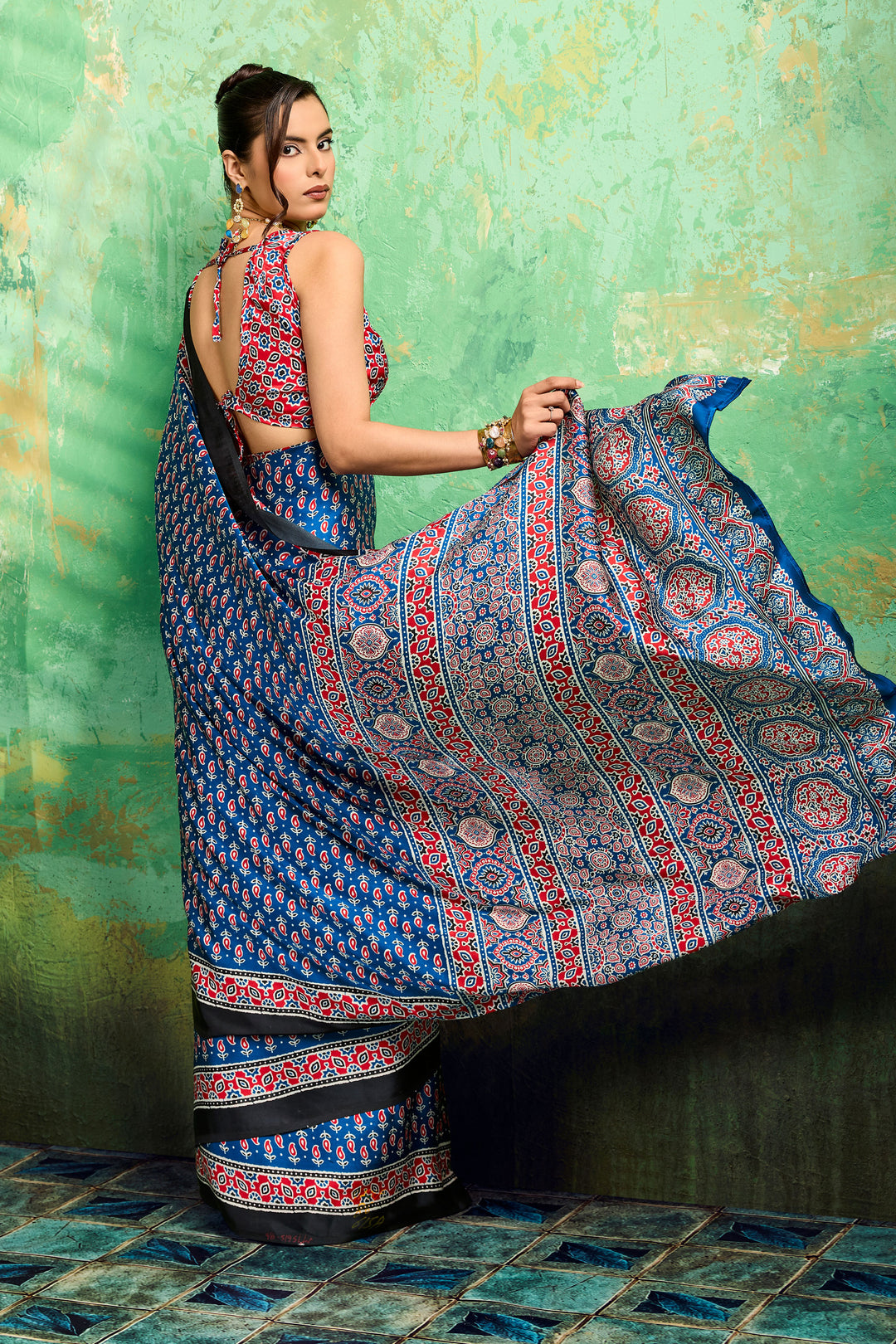 Graceful Blue Color Satin Ajrakh Printed Saree | Buy Online India