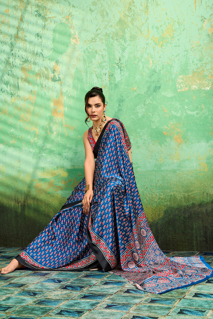 Graceful Blue Color Satin Ajrakh Printed Saree | Buy Online India