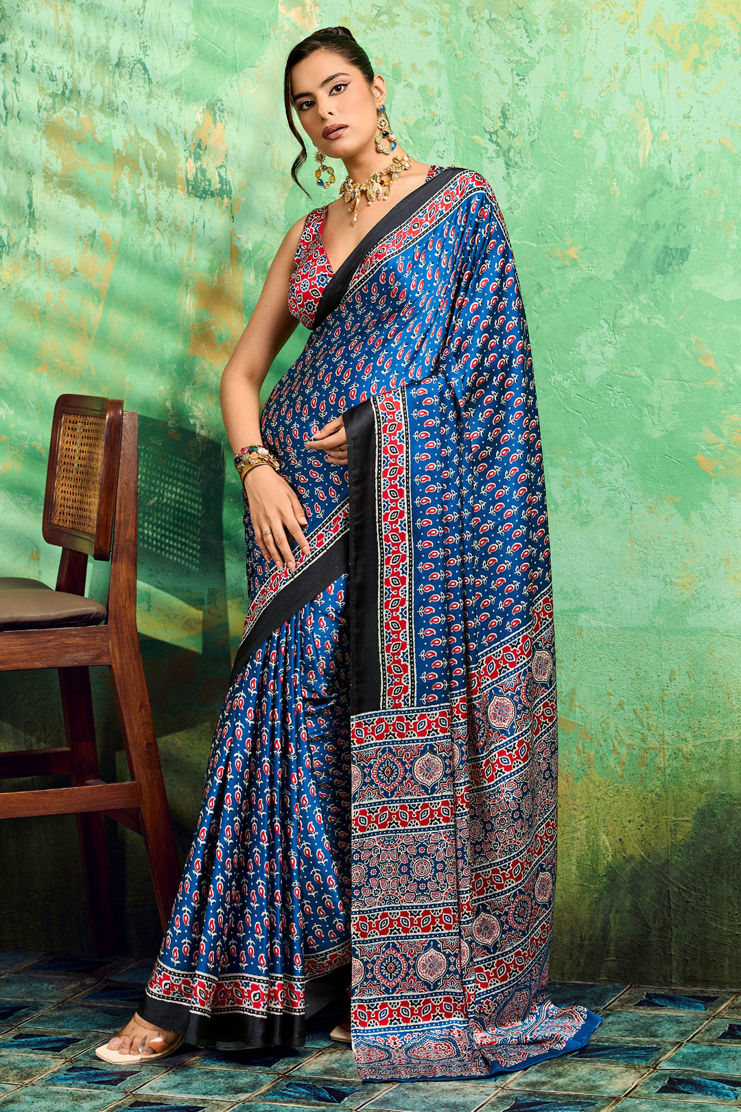 Graceful Blue Color Satin Ajrakh Printed Saree | Buy Online India